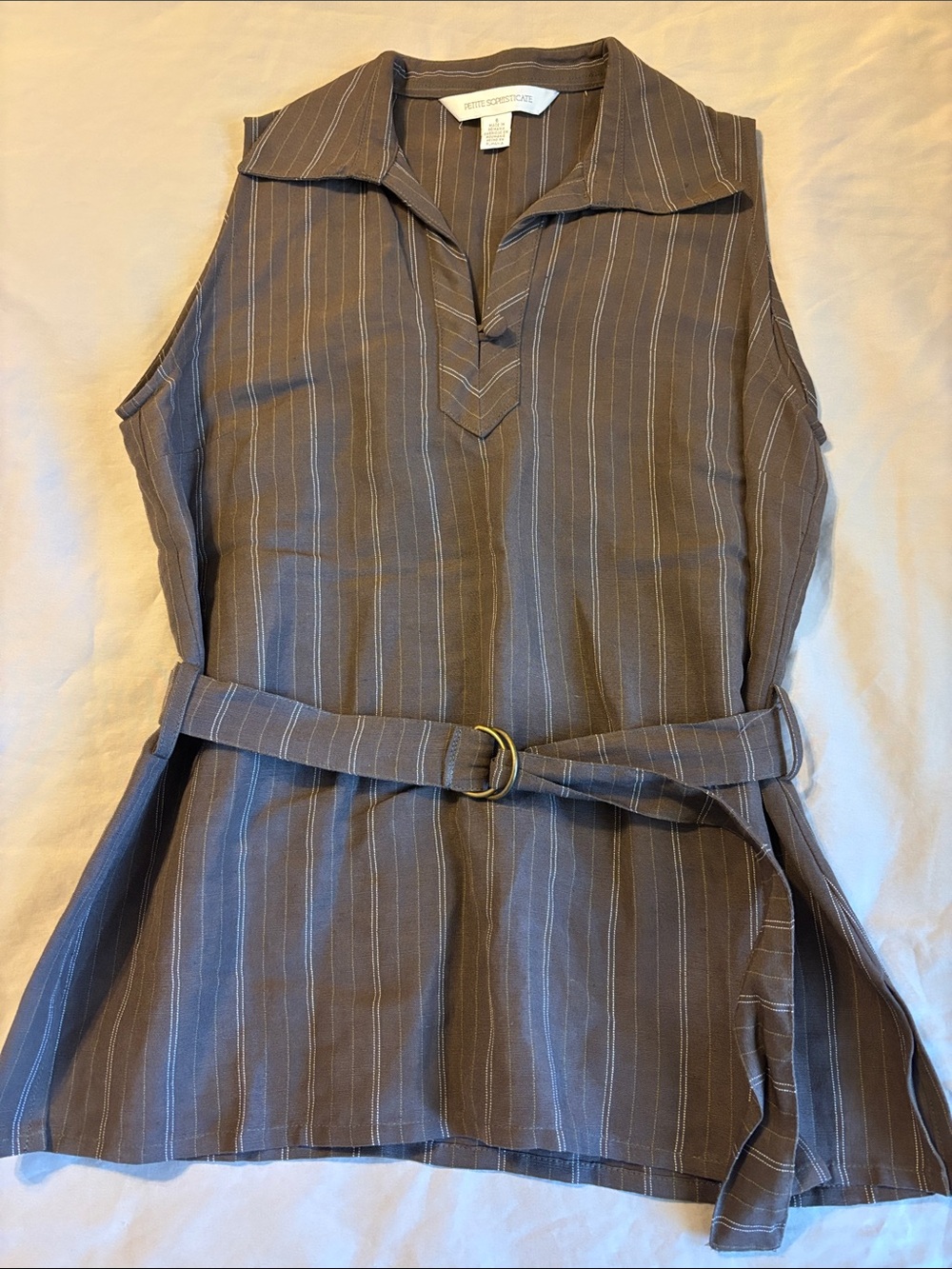 Petite Sophisticate Brown Pinstripe Sleeveless Tunic with Belt